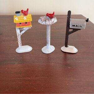 Vintage Christmas Village Metal Enameled Birdhouse Birdbath and Mailbox